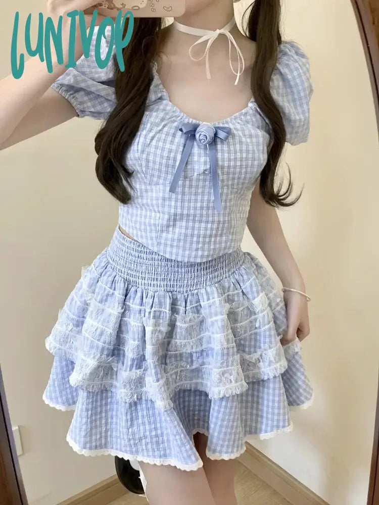 Lunivop Summer Plaid Kawaii Two Piece Skirt Set Women Lace Lolita Mini Skirt Suit Female Korean Fashion Elegant Cute Party Set New floral skirt print Lunivop Summer Plaid Kawaii Two Piece Skirt Set Women Lace Lolita Mini Skirt Suit Female Korean Fashion Elegant Cute Party Set New floral skirt print