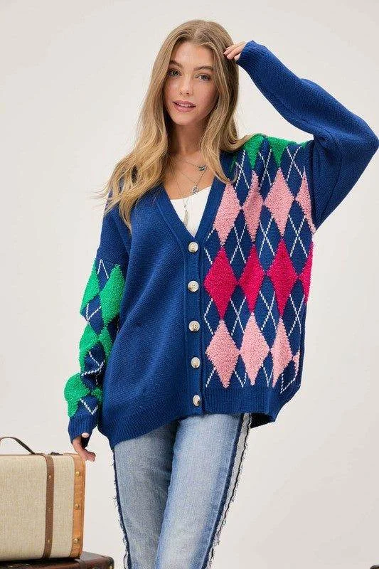 Davi & Dani Plush Argyle Button Front Loose Fit Knit Cardigan Striped Floral Plaid