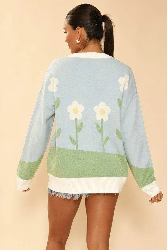 Flower field knit cardigan Real Fur Shearling Chenille