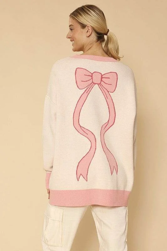 Varsity knit bow cardigan Silk Blend Satin Velvet