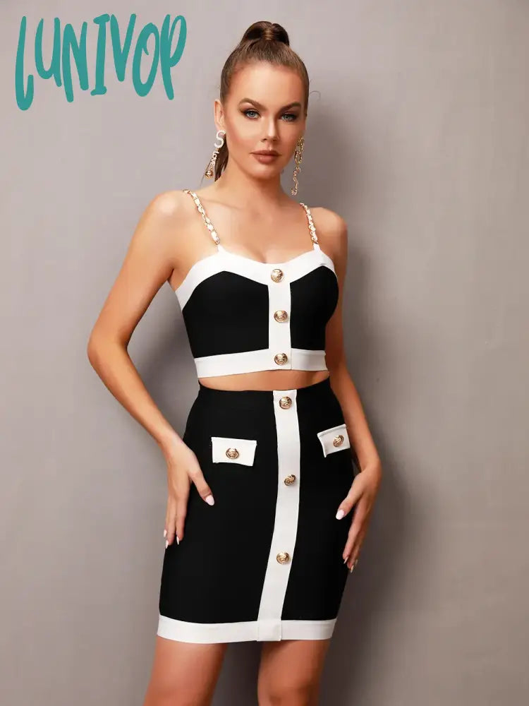 Lunivop Women Summer Sexy Sleeveless Backless Button Chain Mini Black Bandage Skirt Set Elegant Evening Club Party Outfit chiffon skirt delicate Lunivop Women Summer Sexy Sleeveless Backless Button Chain Mini Black Bandage Skirt Set Elegant Evening Club Party Outfit chiffon skirt delicate