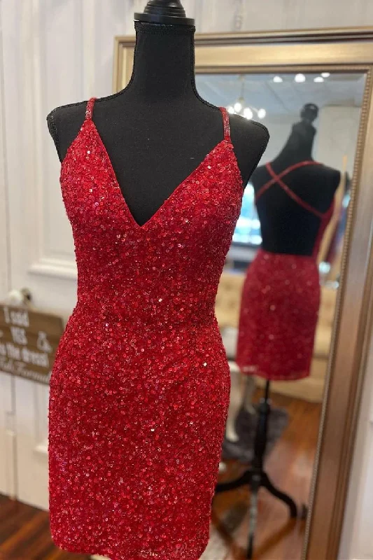 Tight V-Neck Red Mini Party Dress C796 Tunics Business professional