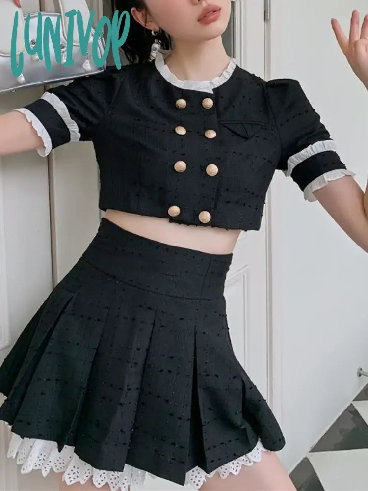 Lunivop Summer Balck Vintage Two Piece Set Women Elegant Designer Party Mini Skirt Set Female Casual Korean Kawaii Skirt Suit New pleated skirt texture Lunivop Summer Balck Vintage Two Piece Set Women Elegant Designer Party Mini Skirt Set Female Casual Korean Kawaii Skirt Suit New pleated skirt texture