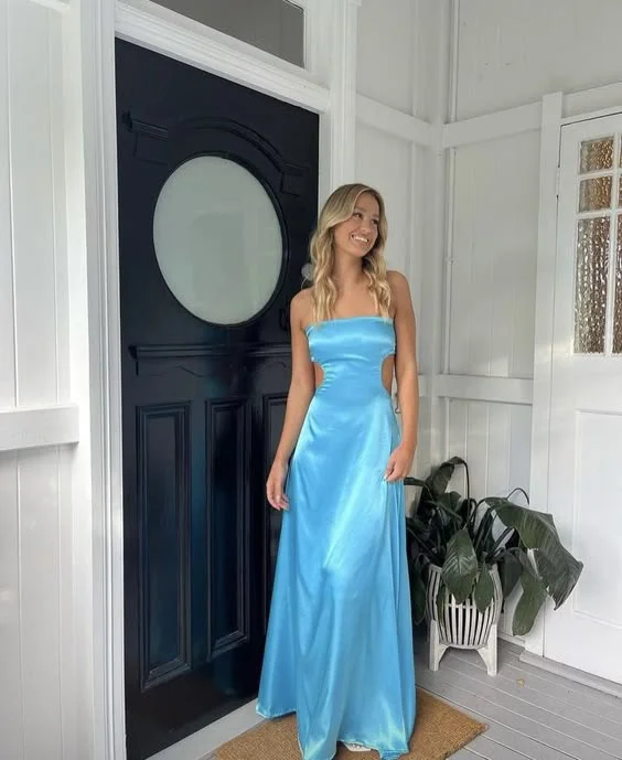 Blue Strapless A-Line Satin Long Party Dress Wedding Guest Dress, DP3698 Tunics Silk luxurious Blue Strapless A-Line Satin Long Party Dress Wedding Guest Dress, DP3698 Tunics Silk luxurious