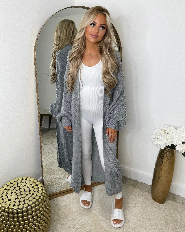 Gabriella Knitted Long Cardigan - Light Grey Silk Blend Satin Velvet