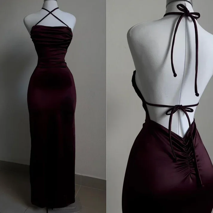 Burgundy Straps Open Back Sheath Satin Long Party Dress, DP3799 Cowl Neckline Elegant