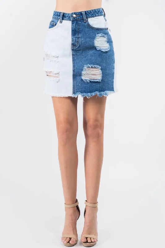 Contrast Patched Frayed Denim Distressed Skirts velvet skirt luxury