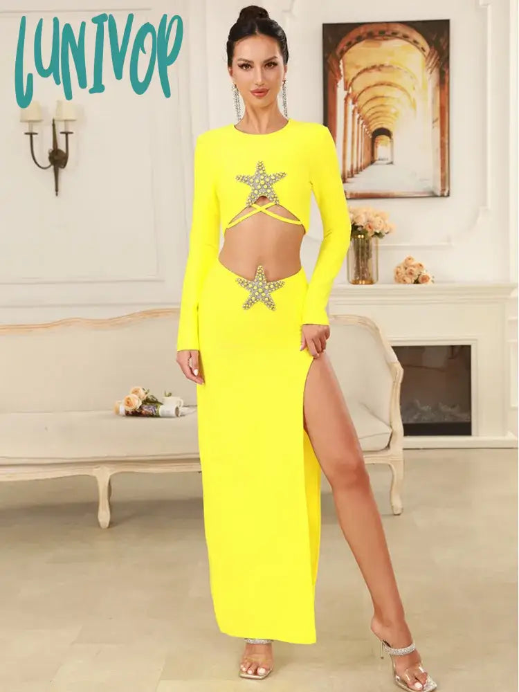 Lunivop Women Celebrity Sexy Long Sleeve Starfish Yellow Maxi Long Bodycon Bandage Skirt Set Elegant Evening Club Party Outfit silk skirt sleek Lunivop Women Celebrity Sexy Long Sleeve Starfish Yellow Maxi Long Bodycon Bandage Skirt Set Elegant Evening Club Party Outfit silk skirt sleek