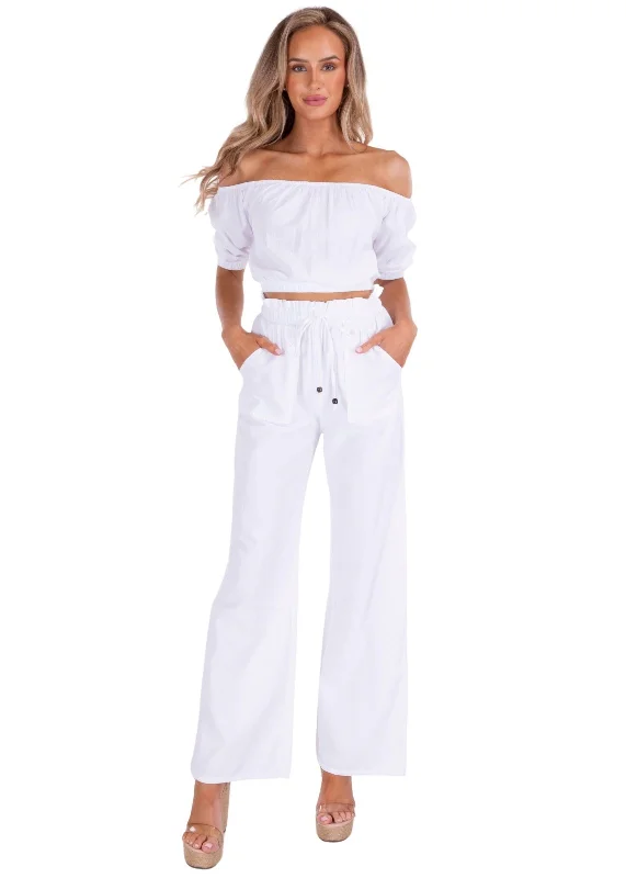 'Valeria' Paperbag Waist Wide Leg Pants White Stretch Fit Pants