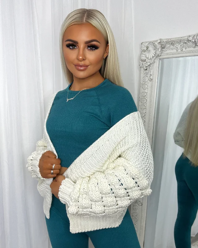 Jamie Short Bubble Sleeve Cardigan - Cream Slim Fit Regular Fit Oversized