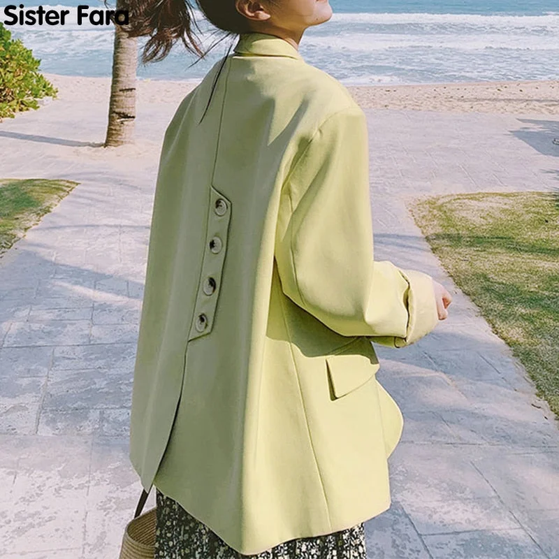Sister Fara Solid Back Buttons Split Blazer Women's Spring Jacket Coat Double Breasted Loose Blazers Ladies Autumn Casual Blazer Cotton Fabric Linen Fabric Terry Fabric