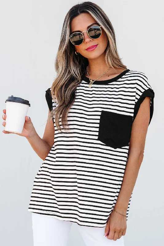 Black Stripe Chest Pocket Patch Round Neck Tank Top solid color tank