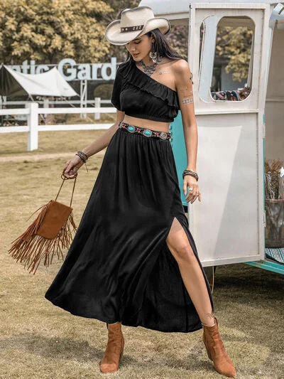 Ruffled Single Shoulder Top and Slit Skirt Set slim fit skirt