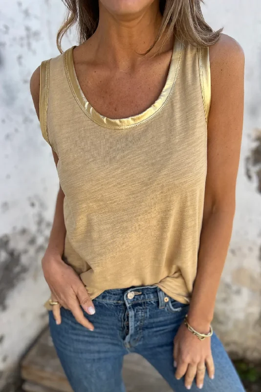 Metallic Trim Tank - Gold flirty tank top