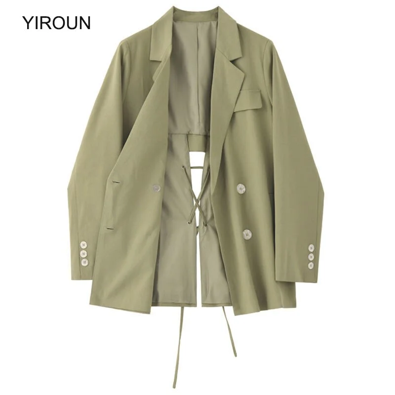 Oversized Blazer Women Spring Japanese Green Suit Jacket Female Overcoat Hollow Out Design Sense Cross Strap Casual Thin Suit Cotton Jacket Linen Jacket Terry Jacket