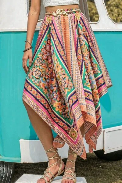 Printed High Waist Handkerchief Hem Skirt wool skirt sturdy