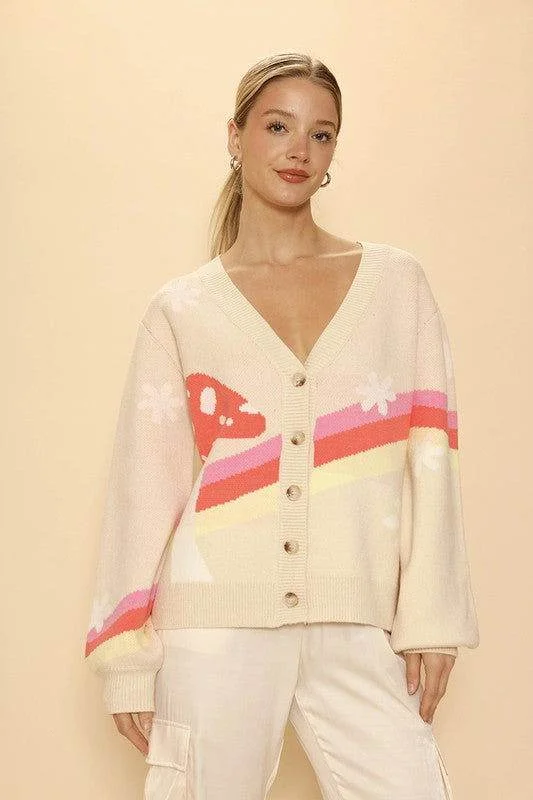 Retro stripe mushroom knit cardigan Plaid Cardigan Polka Dot Checkered