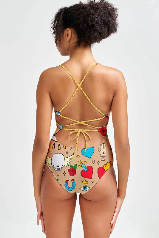 Pretty in Ink Nikki Beige Tattoo Printed One-Piece Swimsuit - Women Classic One-Piece Pretty in Ink Nikki Beige Tattoo Printed One-Piece Swimsuit - Women Classic One-Piece