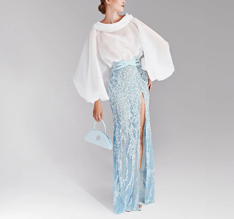 Organza White Top with Blue Tulle Skirt elastic waist skirt