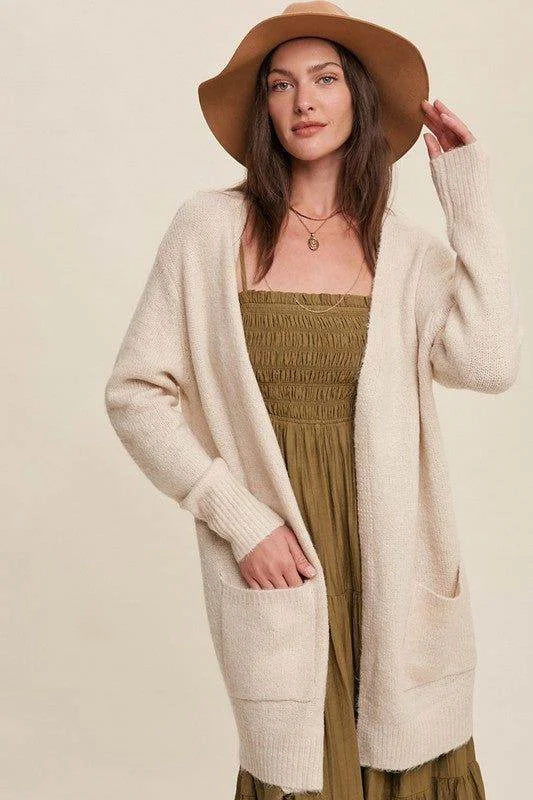 Listicle Two Pocket Open-Front Long Knit Cardigan Layered Multi-layer Single Layer