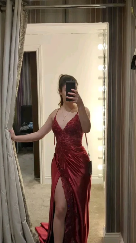 Sexy Red Spaghetti Straps Appliques Long Party Dress with Slit, DP3627 Tunics stripes playful Sexy Red Spaghetti Straps Appliques Long Party Dress with Slit, DP3627 Tunics stripes playful