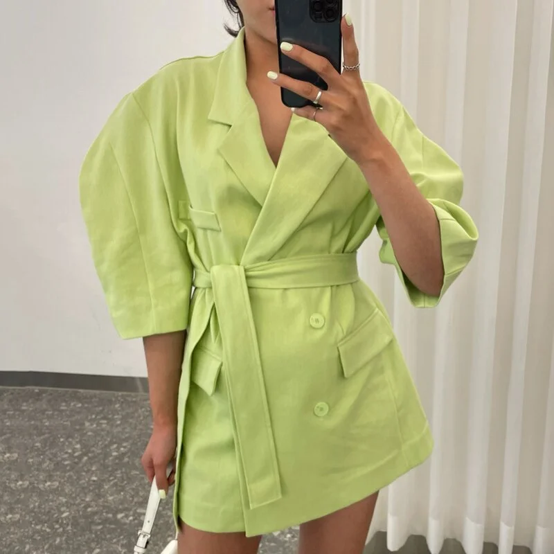 [EWQ] Korea Chic Summer Casual Blazer Lapel Double-breasted Lace-up Puff Sleeve Green Loose Suit Jacket Women 2022 6E358 Bomber Jacket Anorak Windbreaker