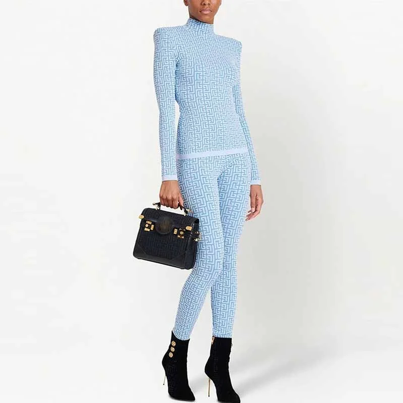 Light Blue Long Sleeves Ribbed Pantsuits Two Piece Sets Comfortable Cargo Pants
