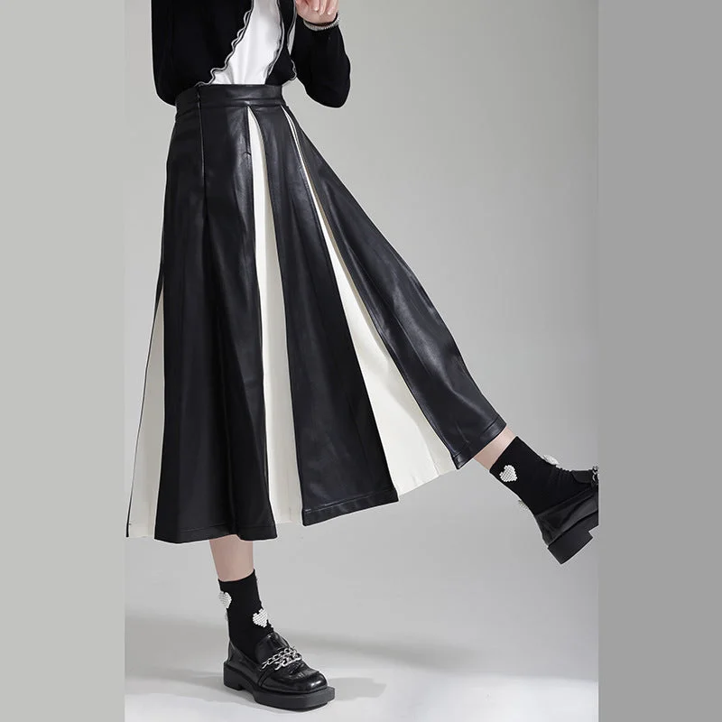 PU Color Block Pleated A-Line Skirt vintage skirt charm