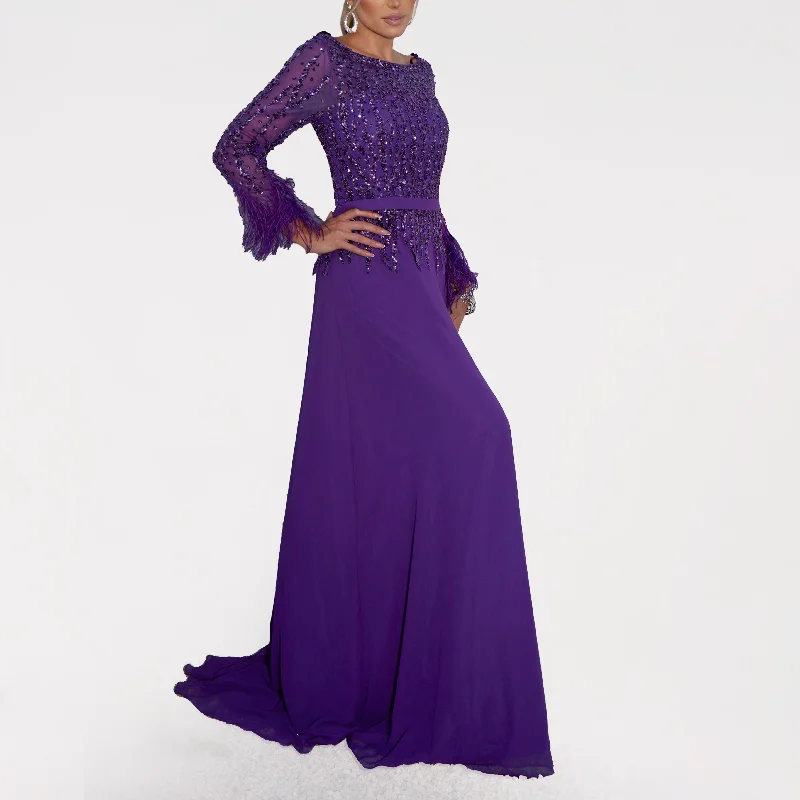 Eggplant Chiffon Skirt Gown With Feather Accented Sleeves denim skirt fashionable