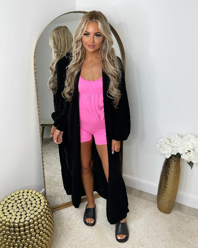 Gabriella Knitted Long Cardigan - Black Real Fur Shearling Chenille