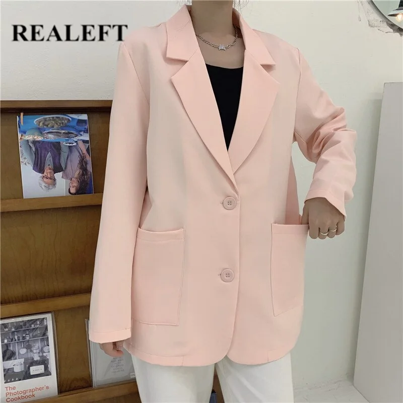 REALEFT 2022 Autumn Loose Pink Women's Blazers Female Formal Single Breasted Jackets Elegant Casual Outerwear Tops Pockets Welt Pockets Slit Pockets Flap Pockets