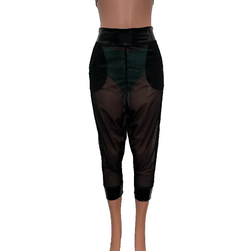 Harem Pants Drop-Crotch w/Pockets - Black Mesh Sheer Joggers Women's Chic Capri Pants