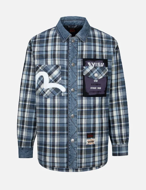 Seagull and Poster Print Loose Fit Padded Shirt Jacket Zippered Front Buttoned Front Snap Front