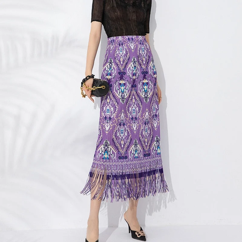 Miyake Pleated Printed Tassel A-Line Skirt corduroy skirt comfortable