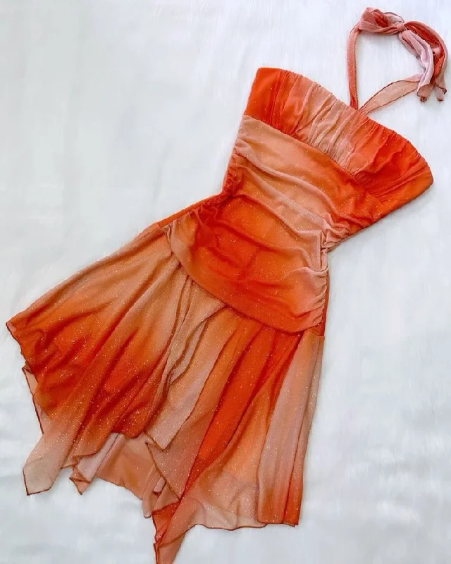 Orange Sunset Gradient Halter Ruffles Vintage Short Party Dress, DP3659 Tunics Trendy modern Orange Sunset Gradient Halter Ruffles Vintage Short Party Dress, DP3659 Tunics Trendy modern