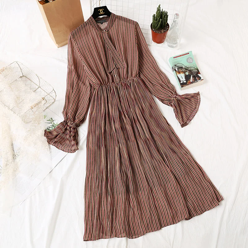 Long sleeve pleated flare sleeve Vintage bow tie chiffon skirt knee length skirt 2452 denim skirt casual Long sleeve pleated flare sleeve Vintage bow tie chiffon skirt knee length skirt 2452 denim skirt casual