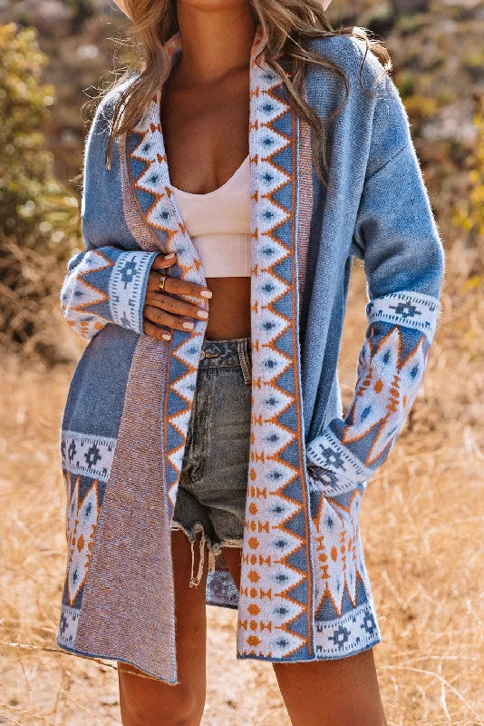 Aztec Print Open Front Knitted Cardigan Lace Blend Ribbed Blend Corduroy Blend