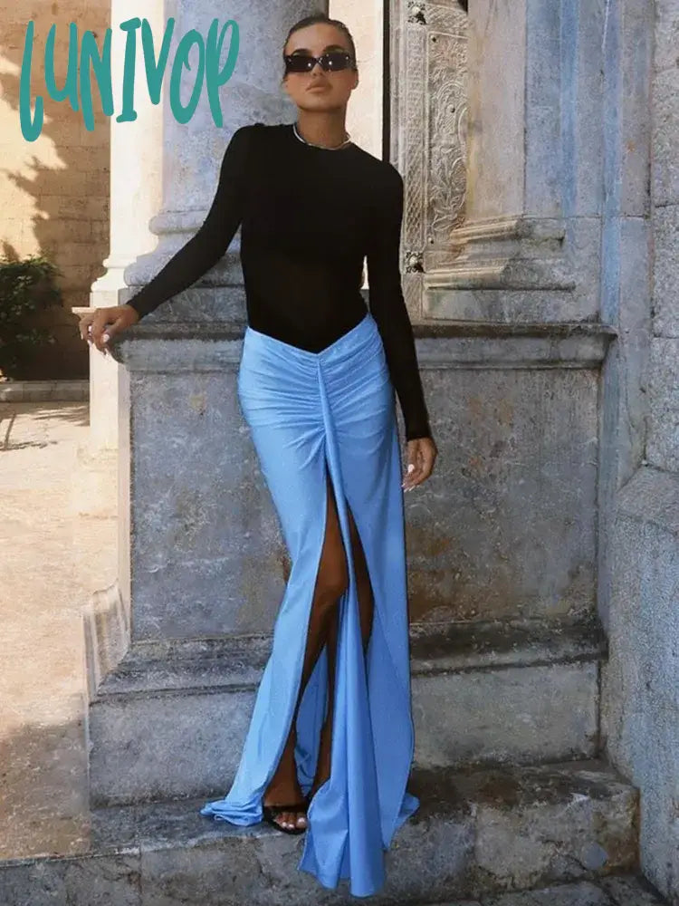 Lunivop Luxury Women Summer Sexy Long Sleeve Mesh Black Blue Mermaid Bodycon Skirt Set Elegant Evening Club Party Outfits chiffon skirt airy