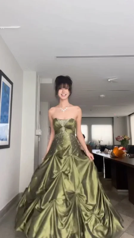 Green Strapless A-Line Satin Beading Birthday Ball Gown Party Dress, DP4006 Pencil Length Work Green Strapless A-Line Satin Beading Birthday Ball Gown Party Dress, DP4006 Pencil Length Work