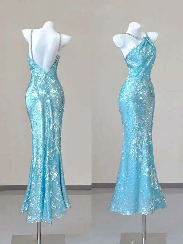 Ice Blue Halter Sequins Open Back Sheath Long Evening Party Dress, DP3791 Tunics Print Colorful Ice Blue Halter Sequins Open Back Sheath Long Evening Party Dress, DP3791 Tunics Print Colorful