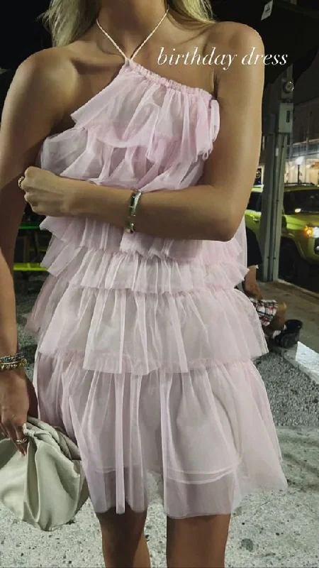 Pink Halter Neckline Multi-layered Tulle Homecoming Dress,21th Birthday Party Dress cc1220 Tunics Fall fleece