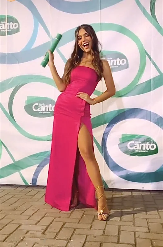 Hot Pink Strapless Sheath Satin Long Evening Party Dress DP3933 Tunics Luxurious premium Hot Pink Strapless Sheath Satin Long Evening Party Dress DP3933 Tunics Luxurious premium