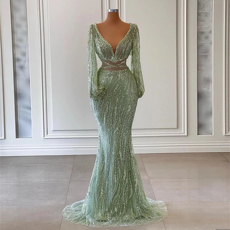 Scz027 Luxury Beaded Mermaid Mint Green Evening Dress 2023 Sexy V-Neck African Prom Party Dresses For Women Wedding Tunics Leisure comfortable Scz027 Luxury Beaded Mermaid Mint Green Evening Dress 2023 Sexy V-Neck African Prom Party Dresses For Women Wedding Tunics Leisure comfortable
