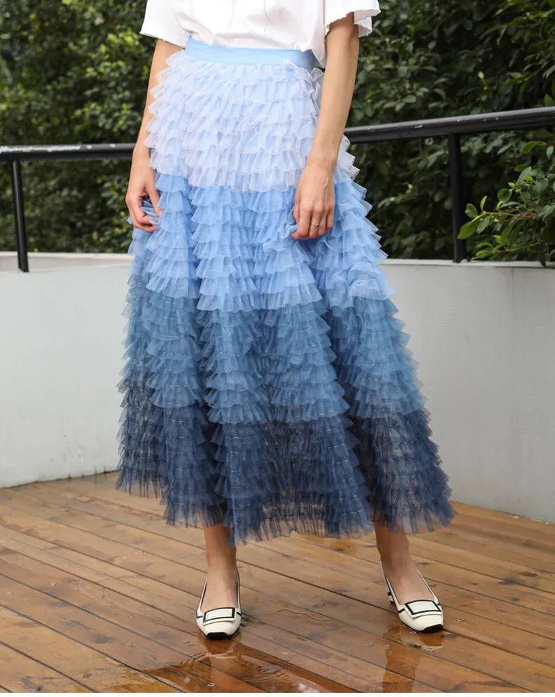 Gradient Cascading Layered Mesh Midi Skirt chiffon skirt lightweight