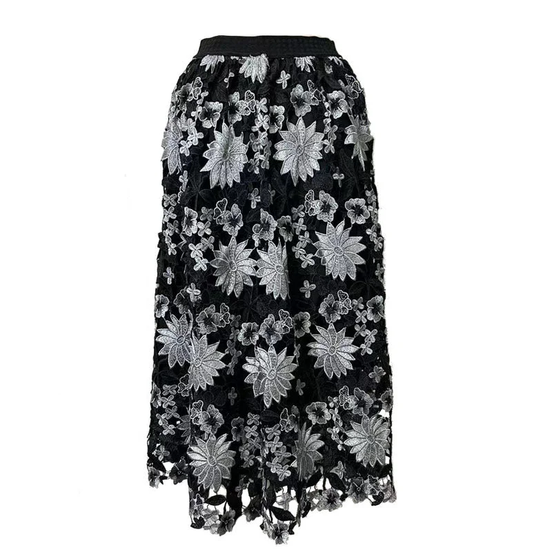 Floral Embroidery Hollow Out A-Line Skirt button skirt front