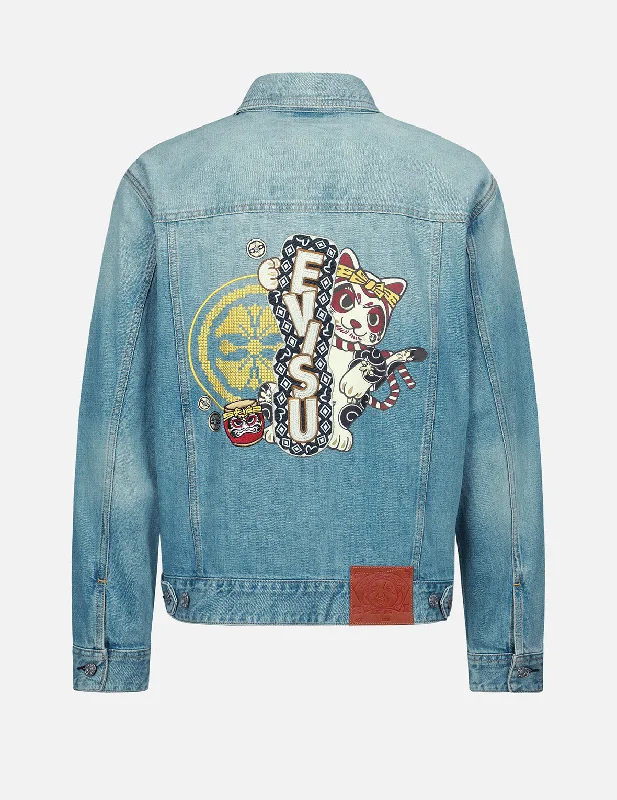 Kamon and Fortune Cat Embroidery Denim Jacket Satin Fabric Silk Fabric Chiffon Fabric Kamon and Fortune Cat Embroidery Denim Jacket Satin Fabric Silk Fabric Chiffon Fabric