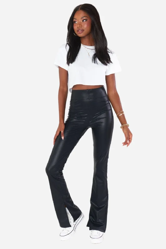 Show Me Your Mumu Nashville Pull On Flare Pant in Black Faux Leather Stretch Fit Pants