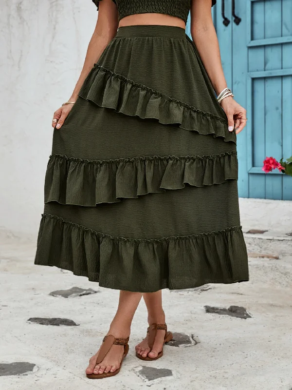 Ruffled Elastic Waist Midi Skirt silk skirt elegant