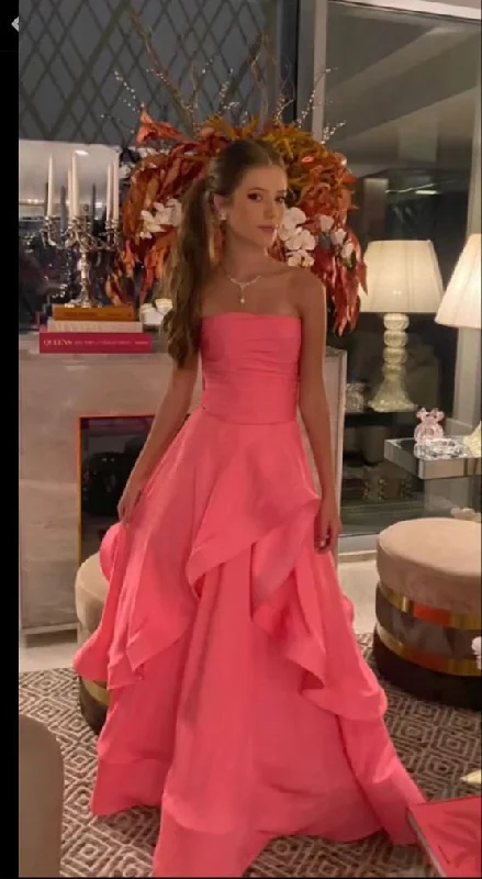 Pink Strapless A-Line Ruffles Satin Long Formal Party Dress, DP3675 Tunics Winter warm Pink Strapless A-Line Ruffles Satin Long Formal Party Dress, DP3675 Tunics Winter warm