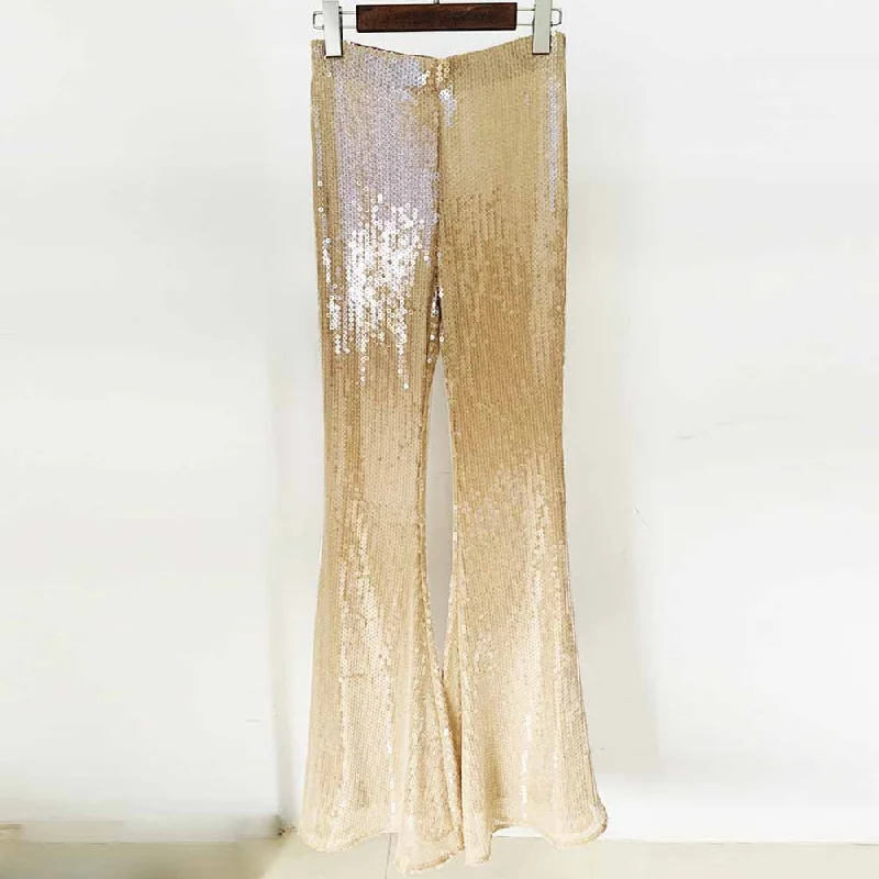 Womens Gold Bling Gold Party Pants Sparkle Sequin Stretch Mesh Flared Pants Trendy Printed Leggings